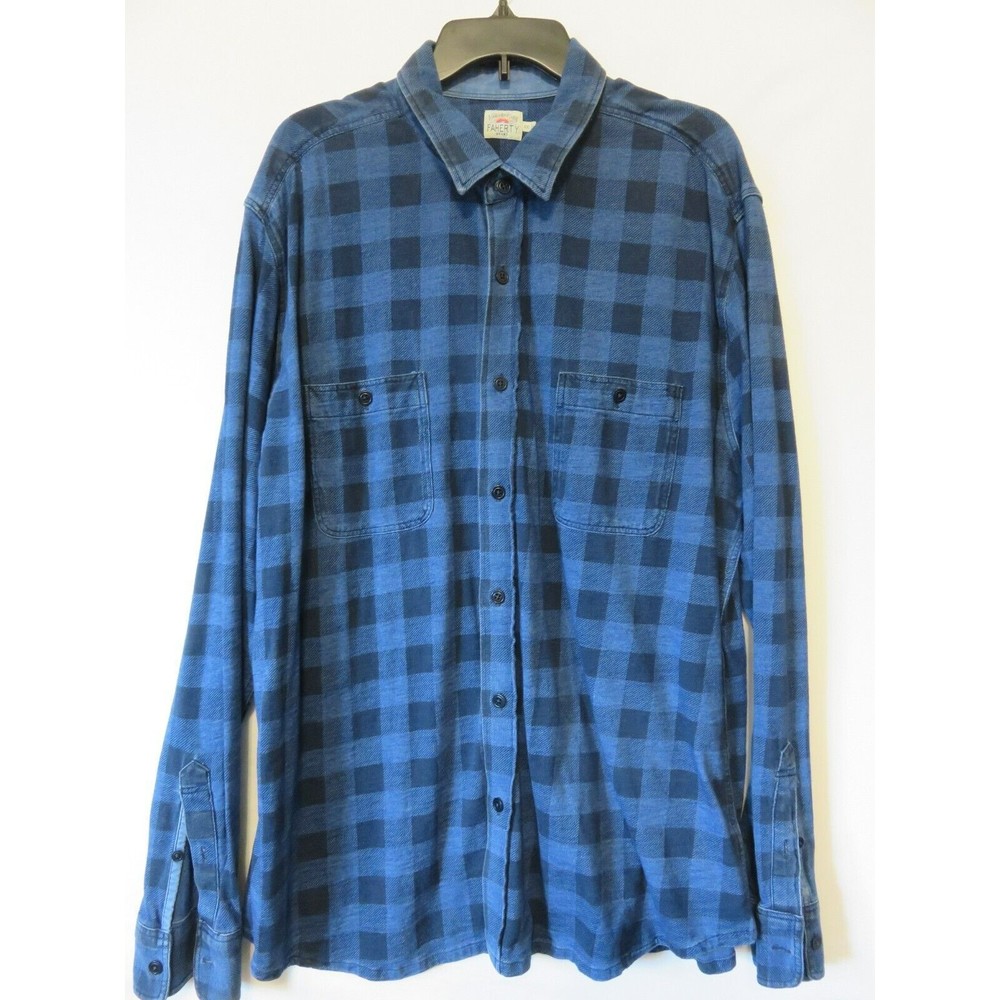 Faherty Shirt Men’s XXL Long Sleeve Button Up Plaid Stretch Blue Checkered EUC